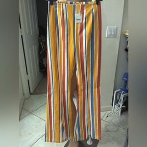NWT FREE PEOPLE Bold Vertical Stripe FLARED Pants Mustard, Blue & Rust SZ. XS